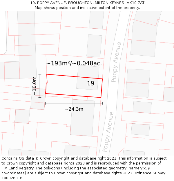 19, POPPY AVENUE, BROUGHTON, MILTON KEYNES, MK10 7AT: Plot and title map