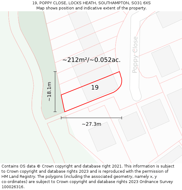 19, POPPY CLOSE, LOCKS HEATH, SOUTHAMPTON, SO31 6XS: Plot and title map