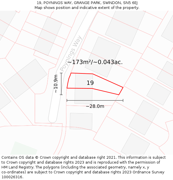 19, POYNINGS WAY, GRANGE PARK, SWINDON, SN5 6EJ: Plot and title map