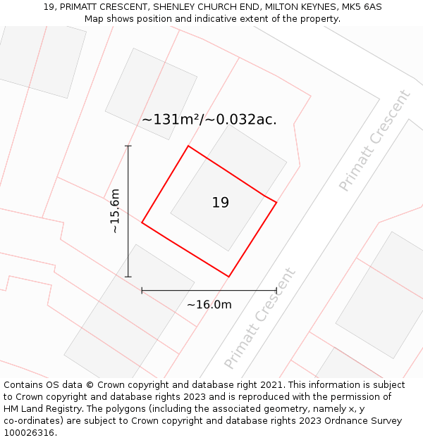 19, PRIMATT CRESCENT, SHENLEY CHURCH END, MILTON KEYNES, MK5 6AS: Plot and title map