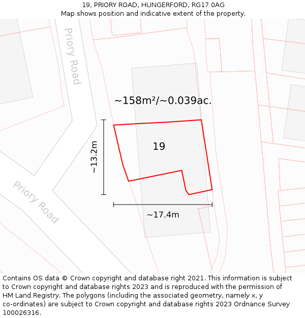 19, PRIORY ROAD, HUNGERFORD, RG17 0AG: Plot and title map