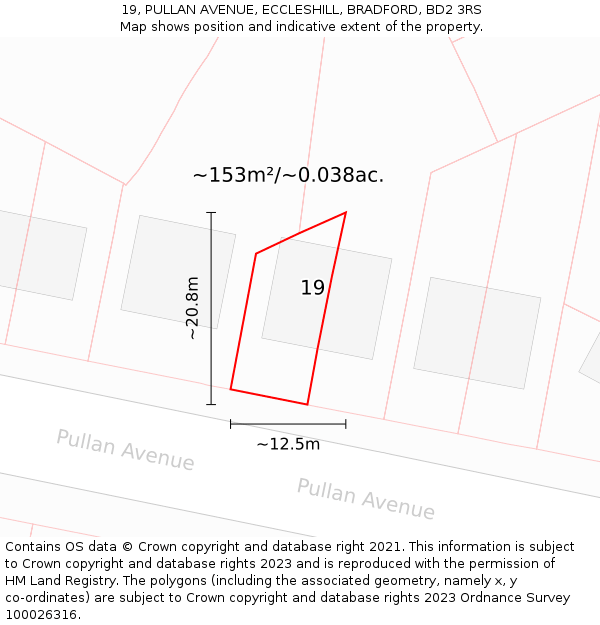 19, PULLAN AVENUE, ECCLESHILL, BRADFORD, BD2 3RS: Plot and title map