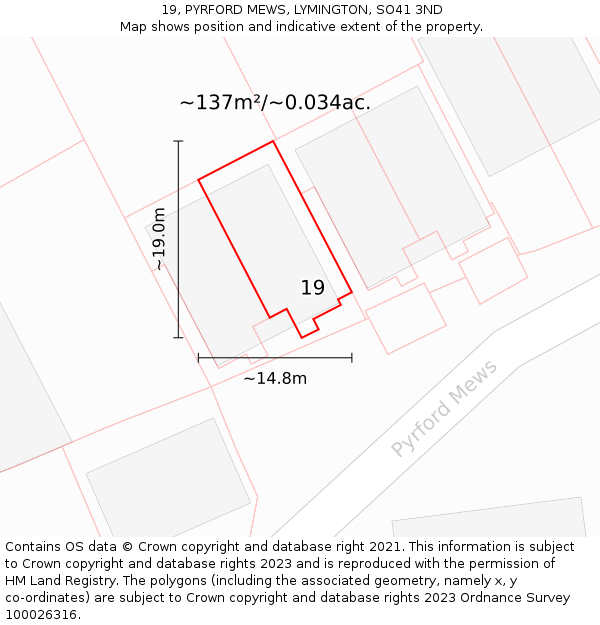 19, PYRFORD MEWS, LYMINGTON, SO41 3ND: Plot and title map