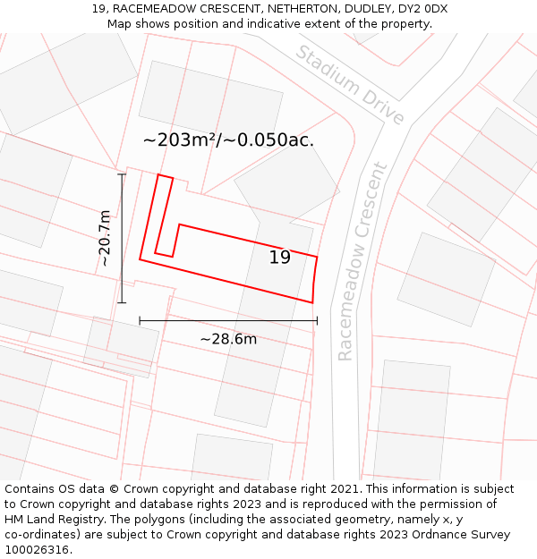 19, RACEMEADOW CRESCENT, NETHERTON, DUDLEY, DY2 0DX: Plot and title map