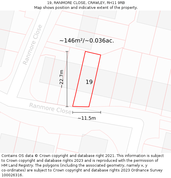 19, RANMORE CLOSE, CRAWLEY, RH11 9RB: Plot and title map