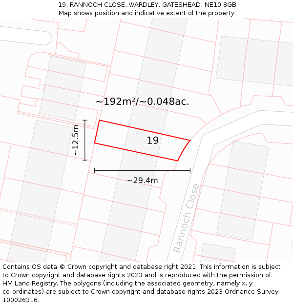 19, RANNOCH CLOSE, WARDLEY, GATESHEAD, NE10 8GB: Plot and title map