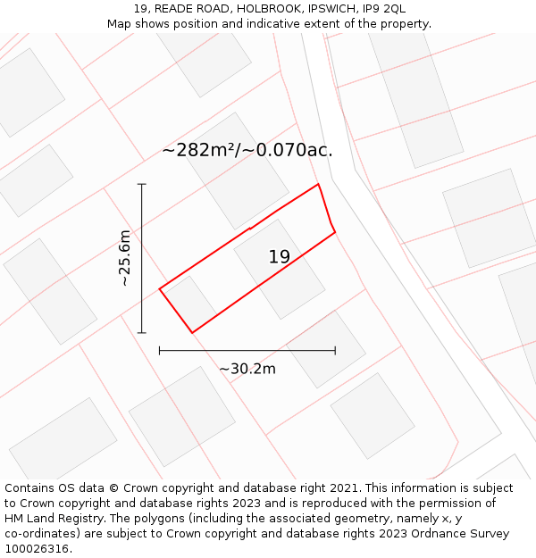 19, READE ROAD, HOLBROOK, IPSWICH, IP9 2QL: Plot and title map