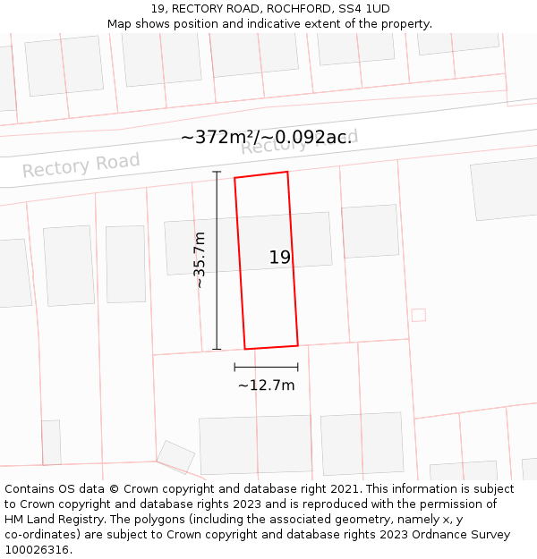 19, RECTORY ROAD, ROCHFORD, SS4 1UD: Plot and title map