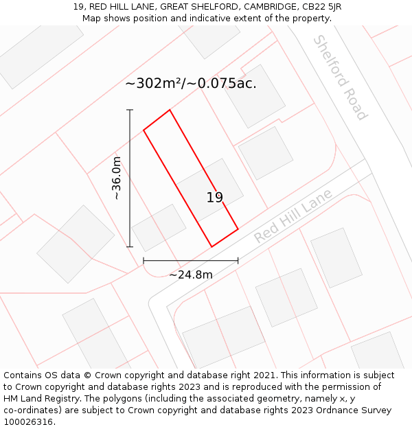 19, RED HILL LANE, GREAT SHELFORD, CAMBRIDGE, CB22 5JR: Plot and title map