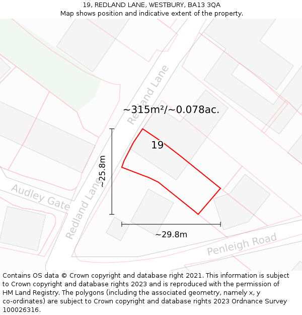 19, REDLAND LANE, WESTBURY, BA13 3QA: Plot and title map