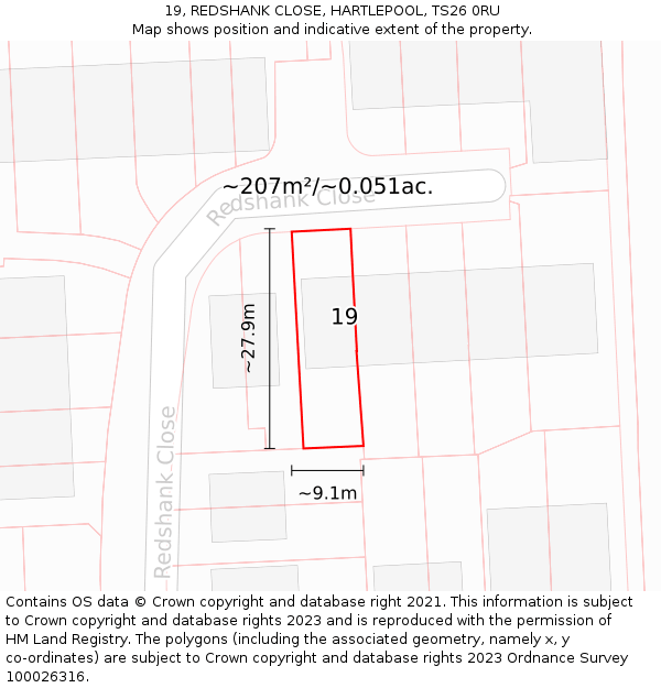 19, REDSHANK CLOSE, HARTLEPOOL, TS26 0RU: Plot and title map