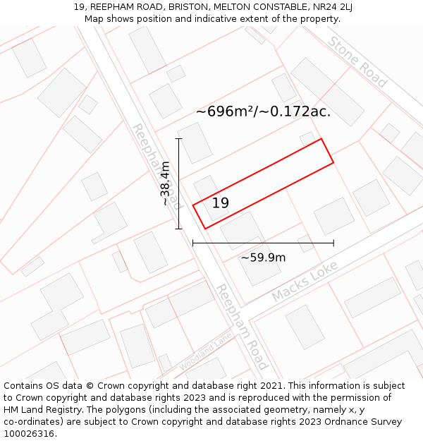 19, REEPHAM ROAD, BRISTON, MELTON CONSTABLE, NR24 2LJ: Plot and title map