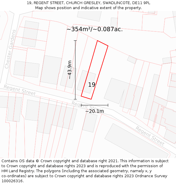 19, REGENT STREET, CHURCH GRESLEY, SWADLINCOTE, DE11 9PL: Plot and title map