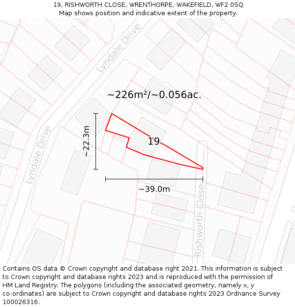 19, RISHWORTH CLOSE, WRENTHORPE, WAKEFIELD, WF2 0SQ: Plot and title map