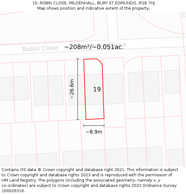 19, ROBIN CLOSE, MILDENHALL, BURY ST EDMUNDS, IP28 7HJ: Plot and title map