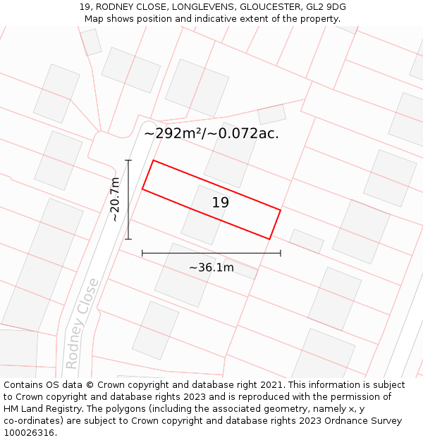 19, RODNEY CLOSE, LONGLEVENS, GLOUCESTER, GL2 9DG: Plot and title map