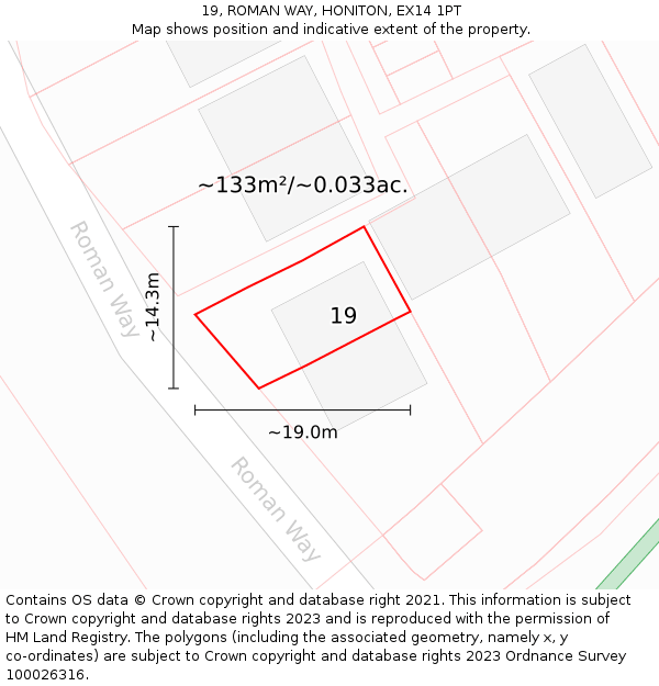 19, ROMAN WAY, HONITON, EX14 1PT: Plot and title map