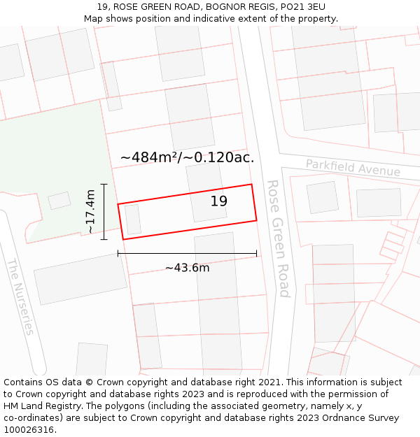 19, ROSE GREEN ROAD, BOGNOR REGIS, PO21 3EU: Plot and title map