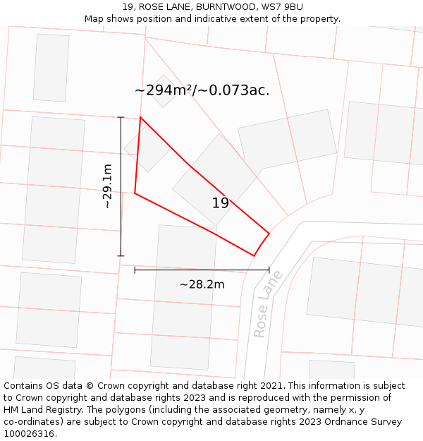 19, ROSE LANE, BURNTWOOD, WS7 9BU: Plot and title map