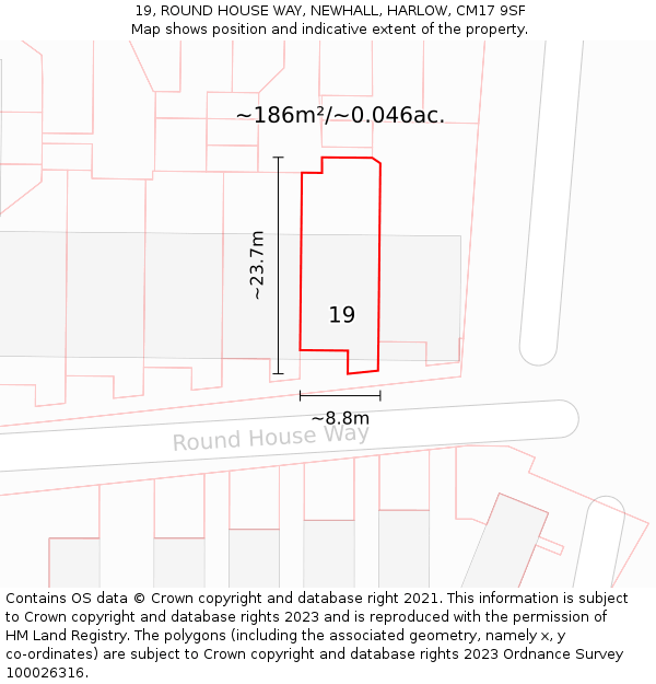 19, ROUND HOUSE WAY, NEWHALL, HARLOW, CM17 9SF: Plot and title map