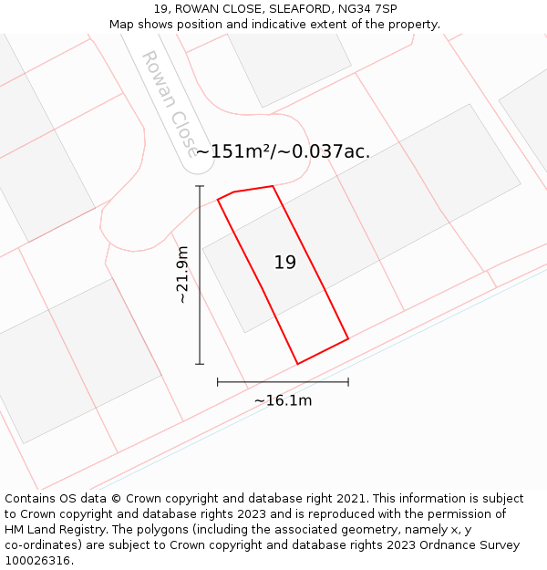 19, ROWAN CLOSE, SLEAFORD, NG34 7SP: Plot and title map