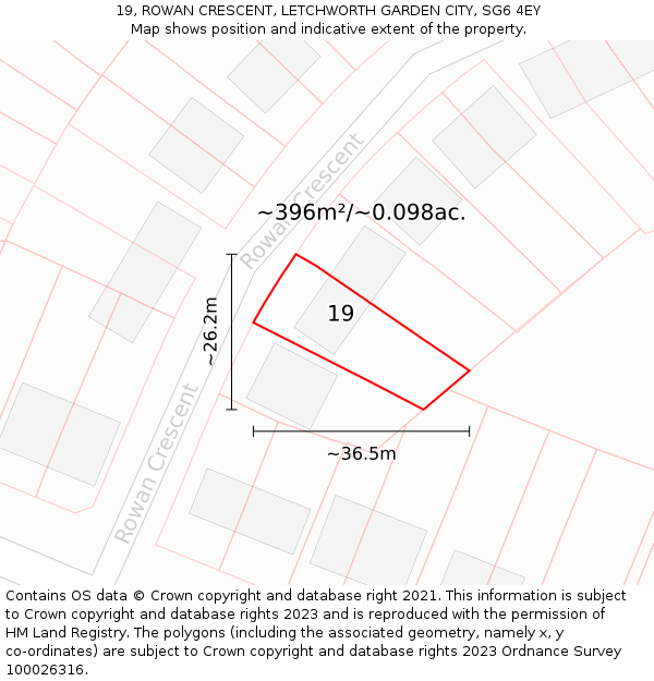 19, ROWAN CRESCENT, LETCHWORTH GARDEN CITY, SG6 4EY: Plot and title map