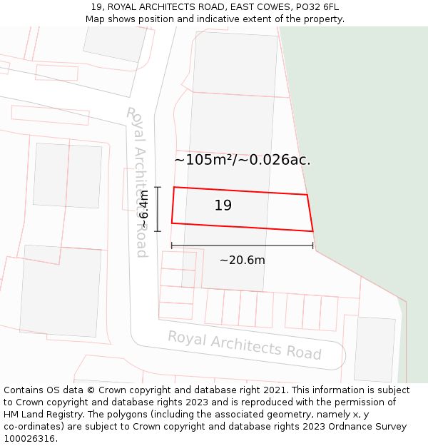 19, ROYAL ARCHITECTS ROAD, EAST COWES, PO32 6FL: Plot and title map