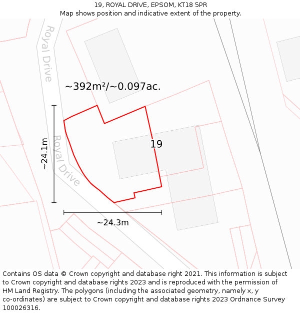 19, ROYAL DRIVE, EPSOM, KT18 5PR: Plot and title map