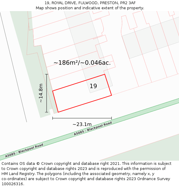 19, ROYAL DRIVE, FULWOOD, PRESTON, PR2 3AF: Plot and title map