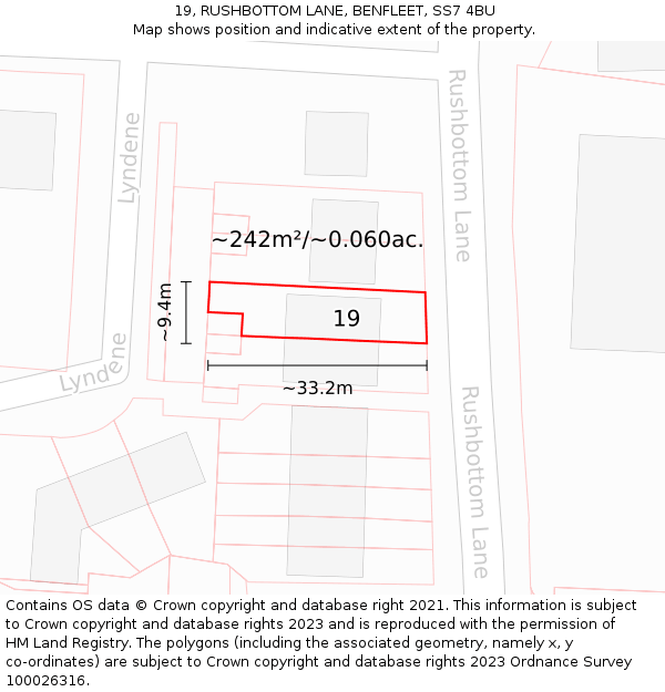 19, RUSHBOTTOM LANE, BENFLEET, SS7 4BU: Plot and title map