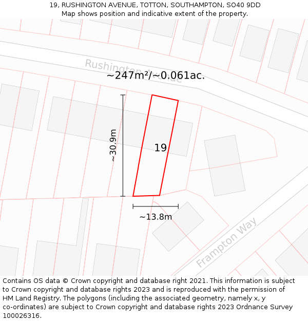 19, RUSHINGTON AVENUE, TOTTON, SOUTHAMPTON, SO40 9DD: Plot and title map