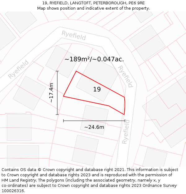 19, RYEFIELD, LANGTOFT, PETERBOROUGH, PE6 9RE: Plot and title map