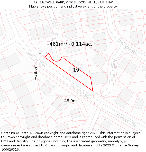 19, SALTWELL PARK, KINGSWOOD, HULL, HU7 3HW: Plot and title map