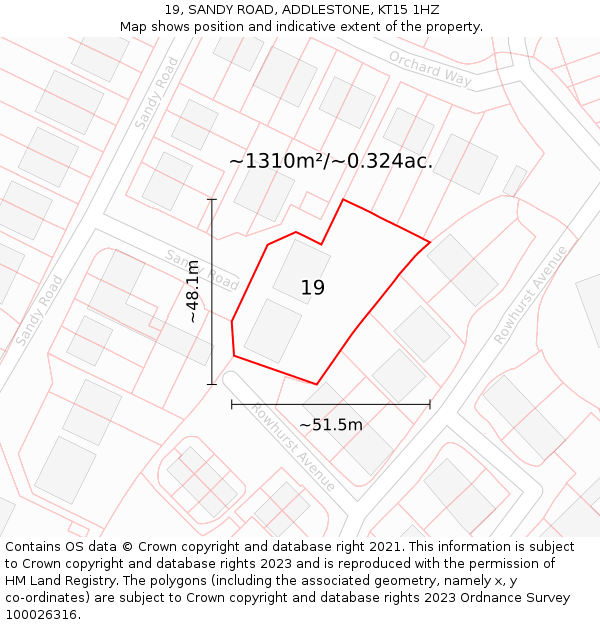 19, SANDY ROAD, ADDLESTONE, KT15 1HZ: Plot and title map