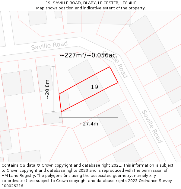 19, SAVILLE ROAD, BLABY, LEICESTER, LE8 4HE: Plot and title map