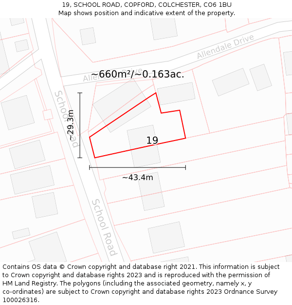 19, SCHOOL ROAD, COPFORD, COLCHESTER, CO6 1BU: Plot and title map