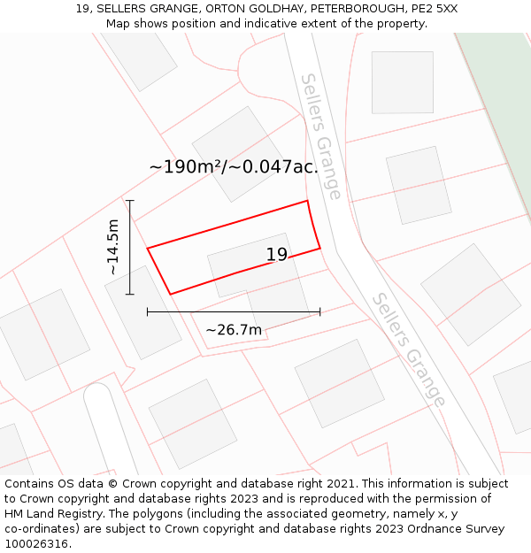 19, SELLERS GRANGE, ORTON GOLDHAY, PETERBOROUGH, PE2 5XX: Plot and title map