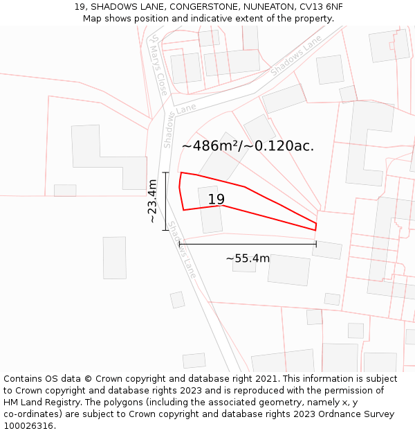 19, SHADOWS LANE, CONGERSTONE, NUNEATON, CV13 6NF: Plot and title map