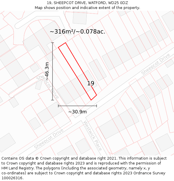 19, SHEEPCOT DRIVE, WATFORD, WD25 0DZ: Plot and title map