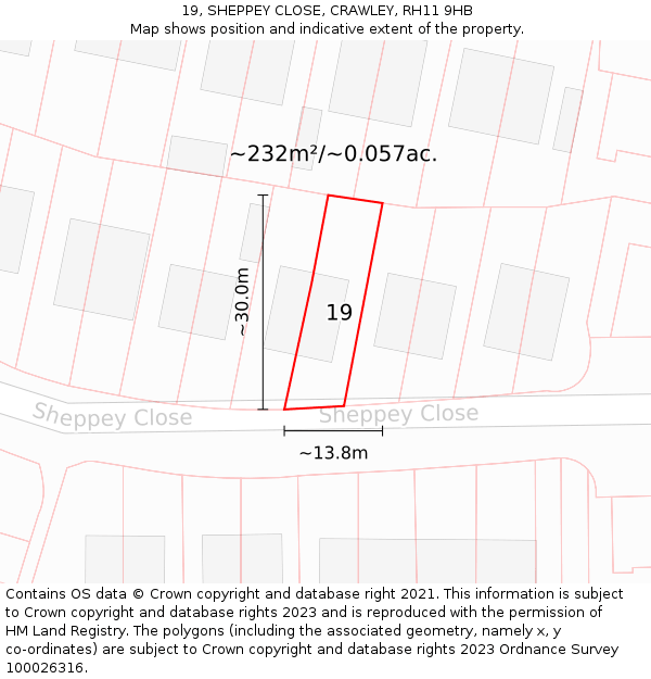 19, SHEPPEY CLOSE, CRAWLEY, RH11 9HB: Plot and title map