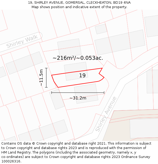 19, SHIRLEY AVENUE, GOMERSAL, CLECKHEATON, BD19 4NA: Plot and title map