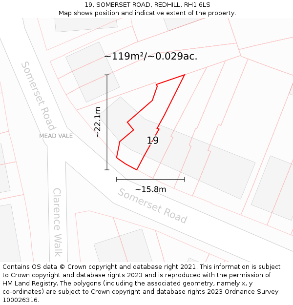 19, SOMERSET ROAD, REDHILL, RH1 6LS: Plot and title map