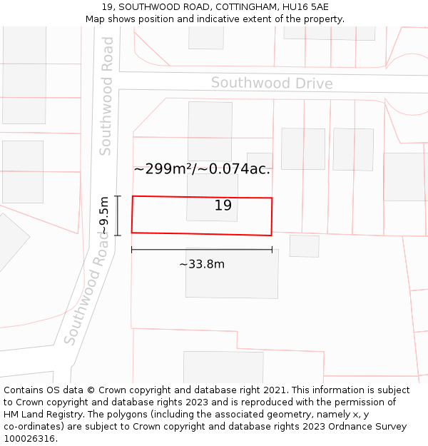 19, SOUTHWOOD ROAD, COTTINGHAM, HU16 5AE: Plot and title map