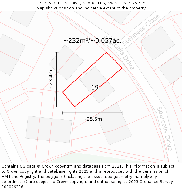 19, SPARCELLS DRIVE, SPARCELLS, SWINDON, SN5 5FY: Plot and title map