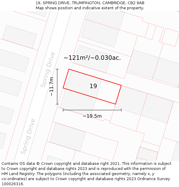 19, SPRING DRIVE, TRUMPINGTON, CAMBRIDGE, CB2 9AB: Plot and title map