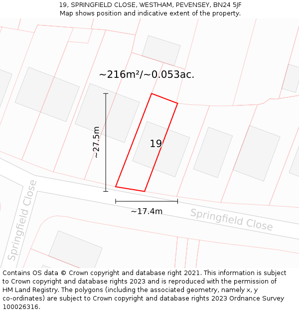 19, SPRINGFIELD CLOSE, WESTHAM, PEVENSEY, BN24 5JF: Plot and title map