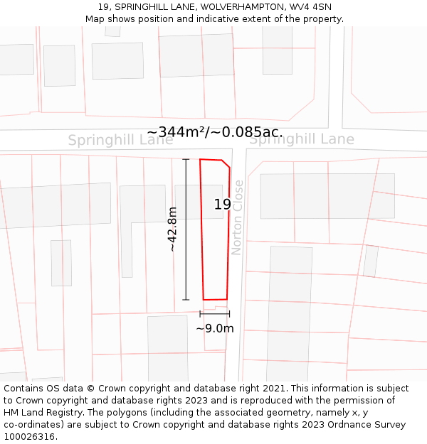 19, SPRINGHILL LANE, WOLVERHAMPTON, WV4 4SN: Plot and title map