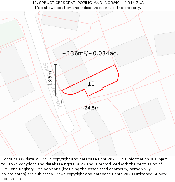 19, SPRUCE CRESCENT, PORINGLAND, NORWICH, NR14 7UA: Plot and title map