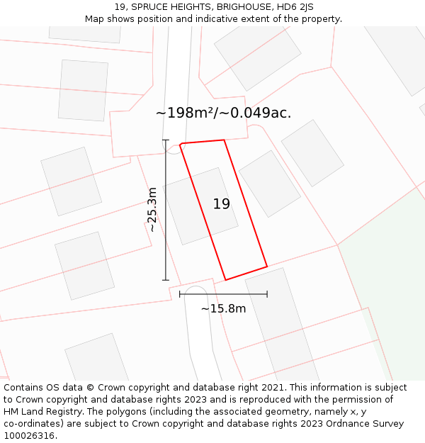 19, SPRUCE HEIGHTS, BRIGHOUSE, HD6 2JS: Plot and title map