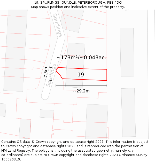 19, SPURLINGS, OUNDLE, PETERBOROUGH, PE8 4DG: Plot and title map